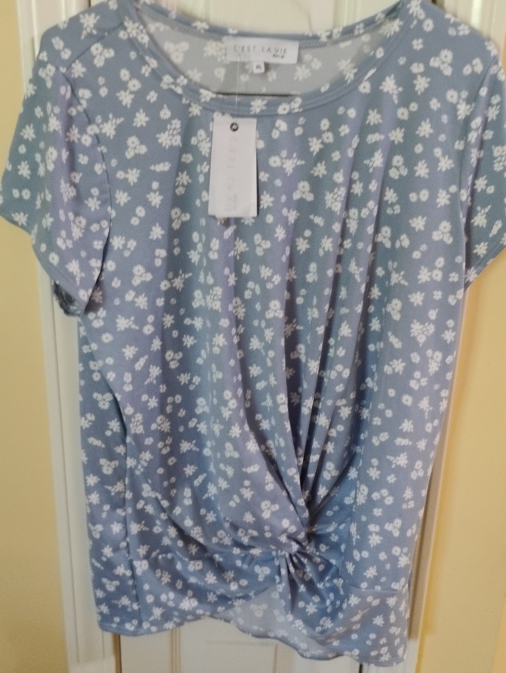 Cozy Chambray Blue Floral Twist Front Top